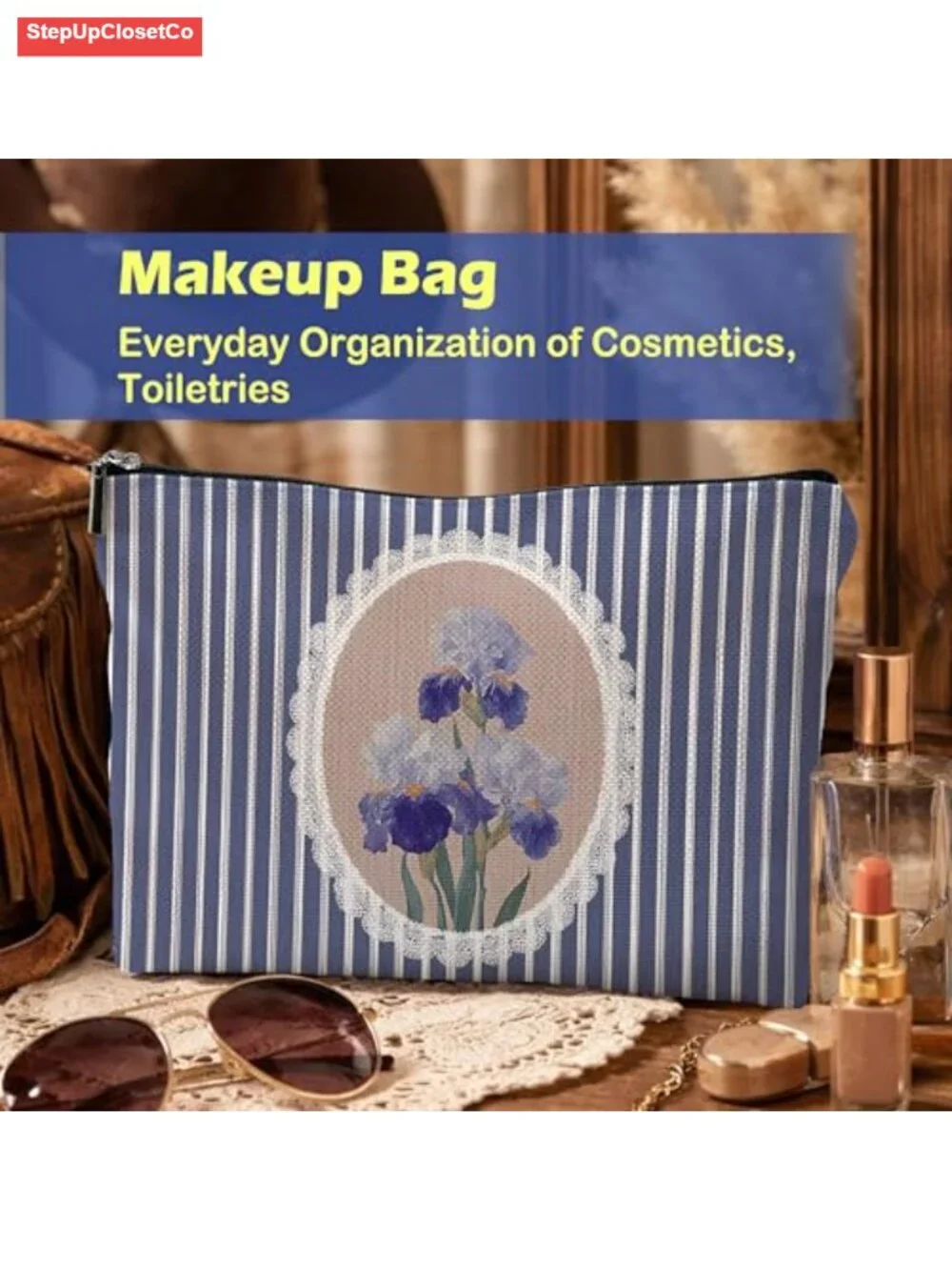Floral Cosmetic Bag with Zipper, Linen Look Makeup Pouch, Travel Toiletry